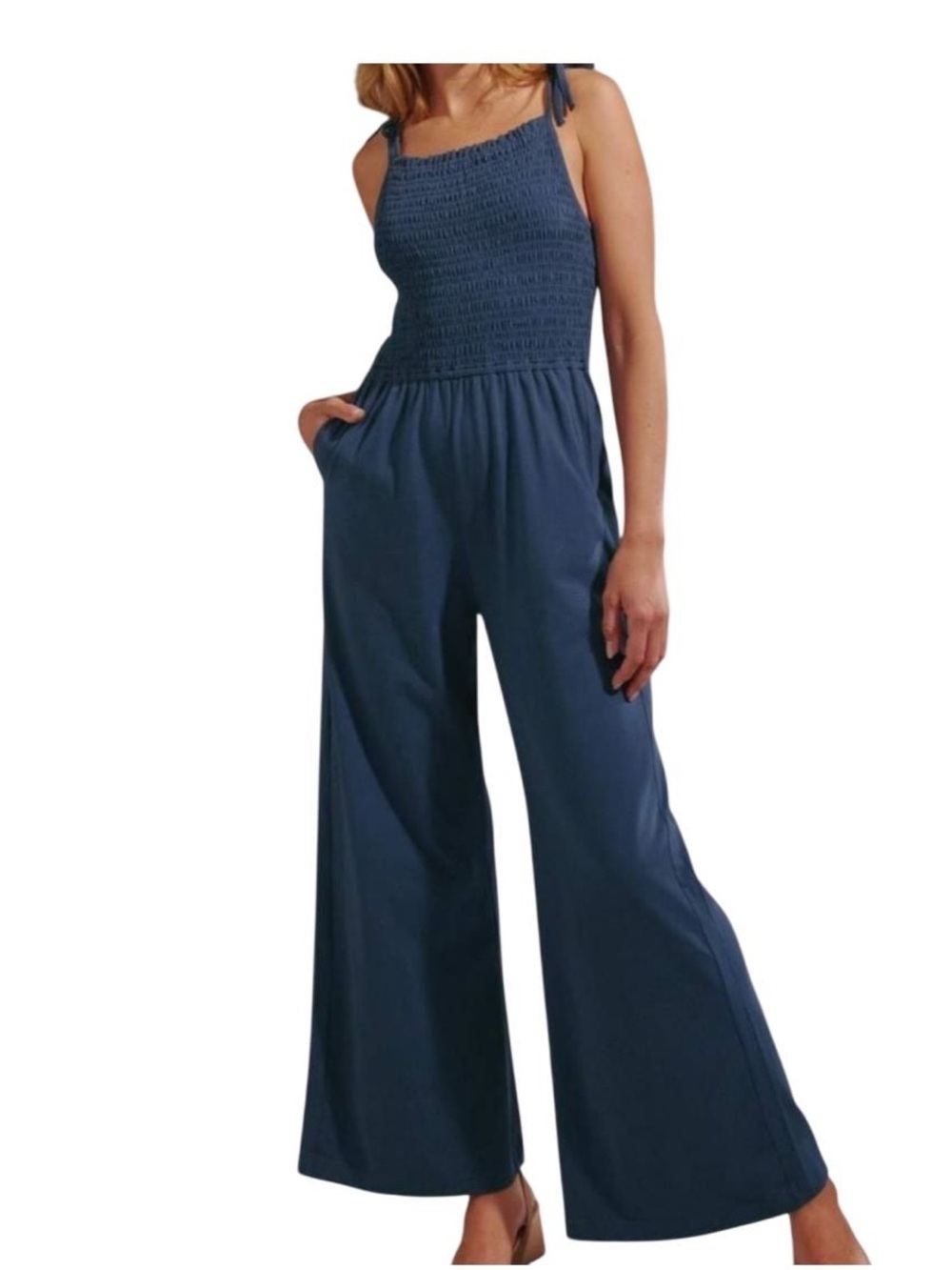 Pact Navy Smocked Wide-Leg Jumpsuit with Tie Straps